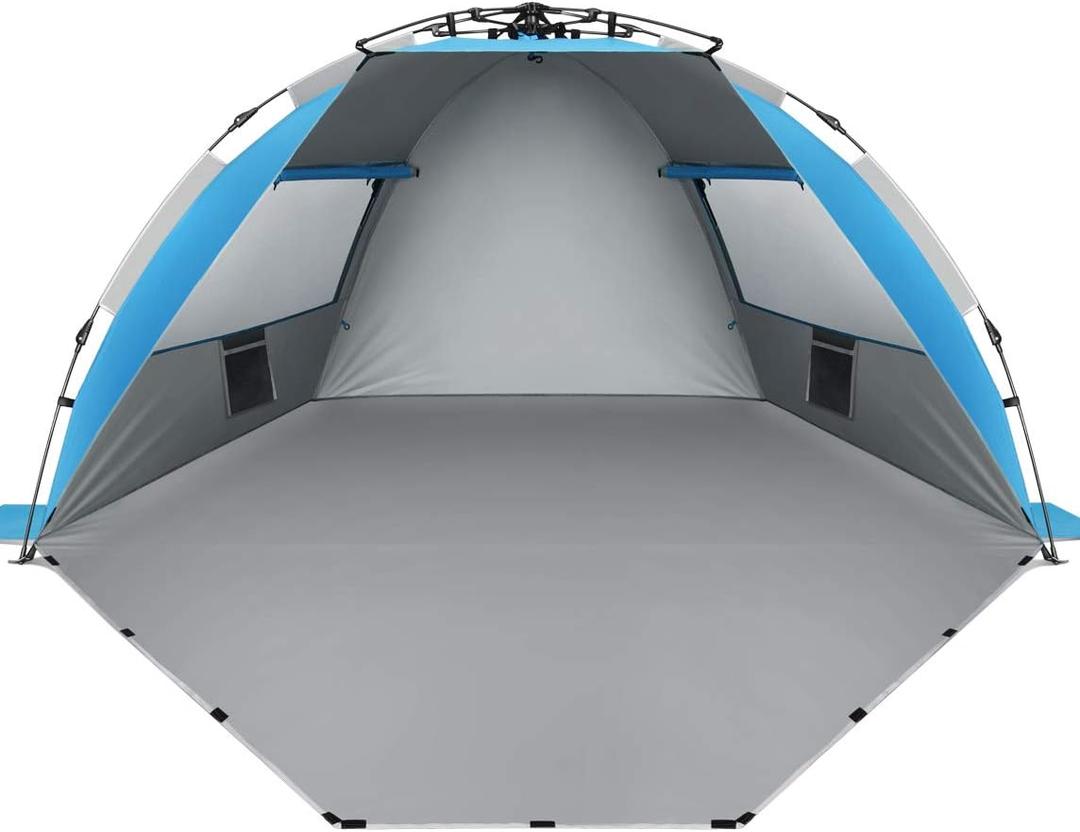 Oileus X-Large 4 Person Beach Tent Sun Shelter - Portable Sun Shade Instant Tent for Beach with Carrying Bag, Stakes, 6 Sand Pockets, Anti UV for Fishing Hiking Camping, Waterproof Windproof, Blue