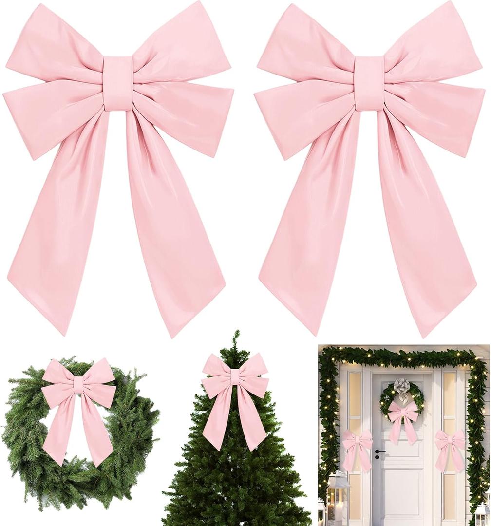 Hungdao 2 Pack Extra Large Pink Christmas Bows Outdoor Decorations, 12”x18” Waterproof Fabric Christmas Bows with Stuffed for Wreaths Garland Tree Topper Stairs Railing Porch