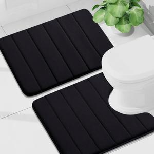 Buganda Bathroom Mat Set, 2 Piece Memory Foam Bath Mat and U-Shaped Toilet Rug, Machine Wash Dry, Soft Non Slip Absorbent Bath Rug for Bathroom, Shower and Tub (24" x 16"+24" x 20", Black)