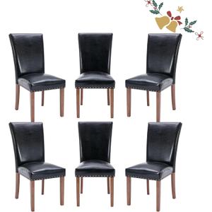 Parsons Dining Chairs Set of 6, Upholstered Nailhead PU Leather Dining Room Kitchen Side Chair with Thick Cushions and Wood Legs, Black