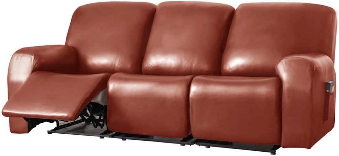 vctops 8 Pieces Waterproof Faux PU Leather Recliner Sofa Covers Stretch Soft 3 Seats Couch Cover Anti-Slip Sofa Slipcover Furniture Protector with Elastic Bottom for Kids Pet (Orange,3 Seat)