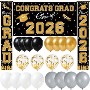 WOHOHOHO 23Pcs Graduation Decorations 2026 Set, Black Gold Porch Door Sign GRAD Banner, Class of 2026 Backdrop, 5 Colors Large Balloons, Party Supplies for High School College Indoor Outdoor Decor