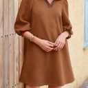 Wenrine Womens 3/4 Sleeve Mini Dress Casual V Neck Collared Textured Loose Fall A Line Argyle Dresses with Pockets (Brown)