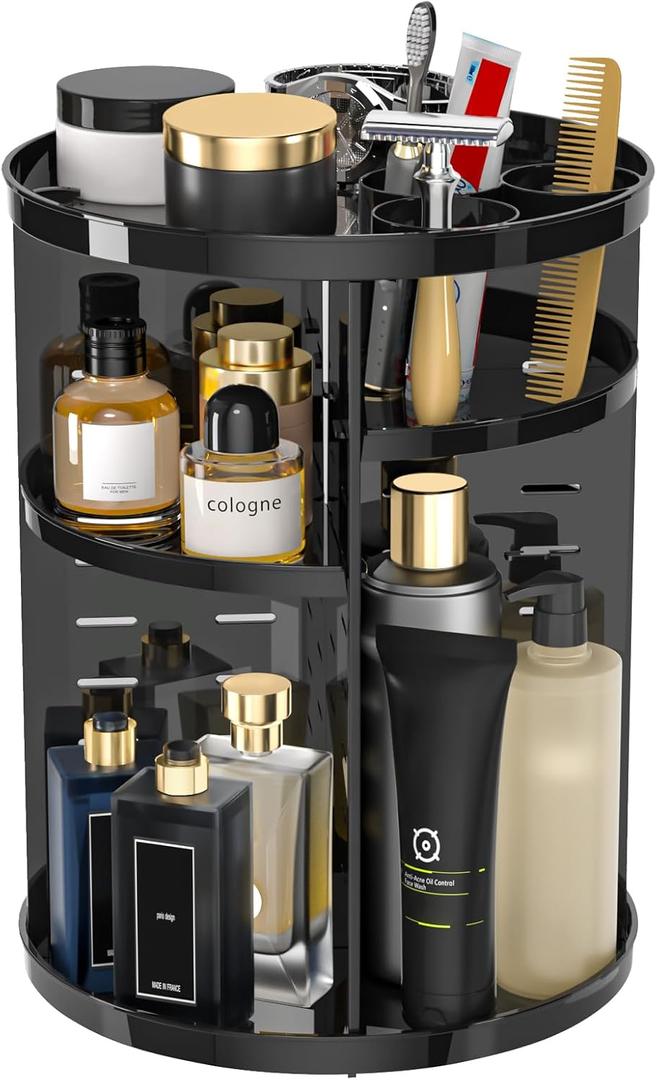 Rotating Makeup Organizer for Vanity, 360 Spinning Skincare Organizers with Adjustable Trays, Make Up Desk Storage Carousel Rack, Cosmetic Display Cases for Dresser Bathroom Countertop (Black)