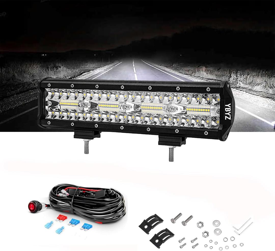 12inch 180W LED Light Bar, 18,000LM, 3-Row Flood/Spot Combo, Off-Road Fog Light for ATV, Truck, SUV, Jeep, Includes 12V Wiring Harness, 