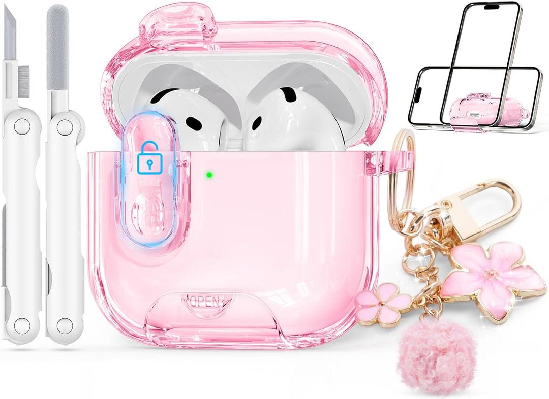 with Safety Lock for Apple AirPods 4 Case 2024,Clear Cases with Phone Stand & Cleaning Kit,Soft TPU Cover for AirPods 4th Generation Case,Cute Bling Keychain for Women Girls-Clear Pink