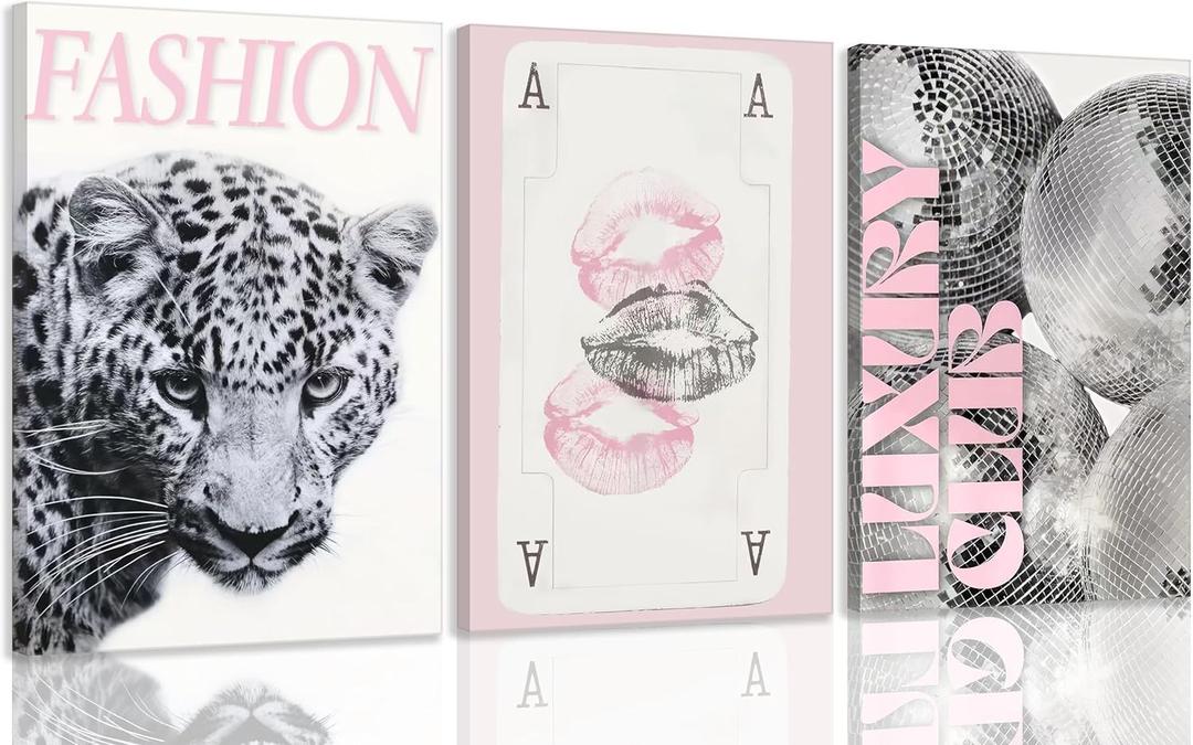 Pink Trendy Leopard Preppy Wall Art Funky Black Cheetah Picture Wall Decor Luxury Club Fashion Disco Ball Ace of Spades Painting Aesthetic Poster Print Artwork for Living Room Bedroom Dorm Apartment, 24L"x16W"