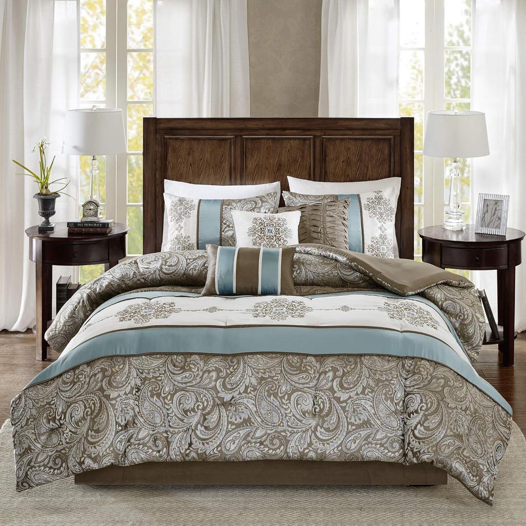 Madison Park Comforter Faux Silk-Traditional Luxurious Jacquard Design All Season Set, Matching Bed Skirt, Decorative Pillows, Queen(90"x90"), Blue 7 Piece (Caroline, Blue/Brown)