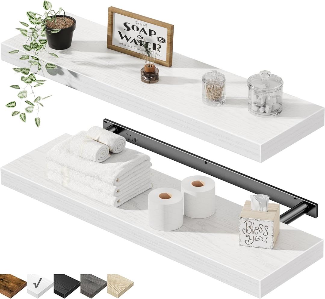 QEEIG Floating Shelves for Wall 23.6" Long - Wall Mounted Shelf Bathroom Kitchen Living Room Bedroom Farmhouse Home Decor Display Bookshelf Large 23.6 x 9.3 inch Set of 2, White (008-60W)