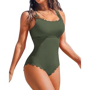 Charmo Womens Scalloped Ribbed One Piece Swimsuits Retro Square Neck Modest Bathing Suits (Green, M)