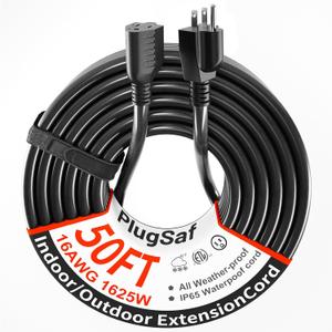 Black Outdoor Extension Cord 50 ft 16/3 Gauge Waterproof, Cold Weatherproof -58F, Flame Retardant, Flexible 3 Prong Heavy Duty Electric Cord for Lawn Office,13A 1625W 16AWG SJTW, ETL Listed
