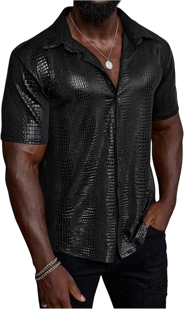 WDIRARA Men's 70s Disco Top Crocodile Pattern Button Down Shirt Short Sleeve Rave Party PU Leather T Shirt (Black), S