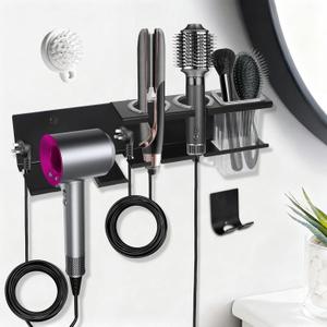 Hair Tool Organizer, 3-in-1 Universal Hair Dryer Holder Wall Mounted, Metal Hot Tools Organizer for Blow Dryer, Straightener and Curling Iron, Stylers Storage Rack for Bathroom (with Comb and Hook) (Black)