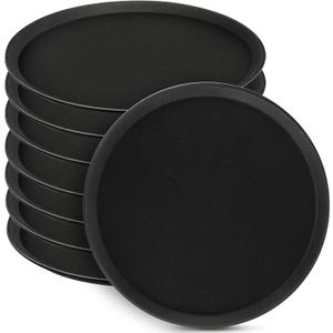 Lallisa 8 Pcs 16'' Large Restaurant Serving Trays with Rubber Lined Plastic Non Slip Tray Non Skid Round Serving Platter Server Tray for Bar Drink, Cafeteria Food, Coffee, Table, Hotel, Party, Black