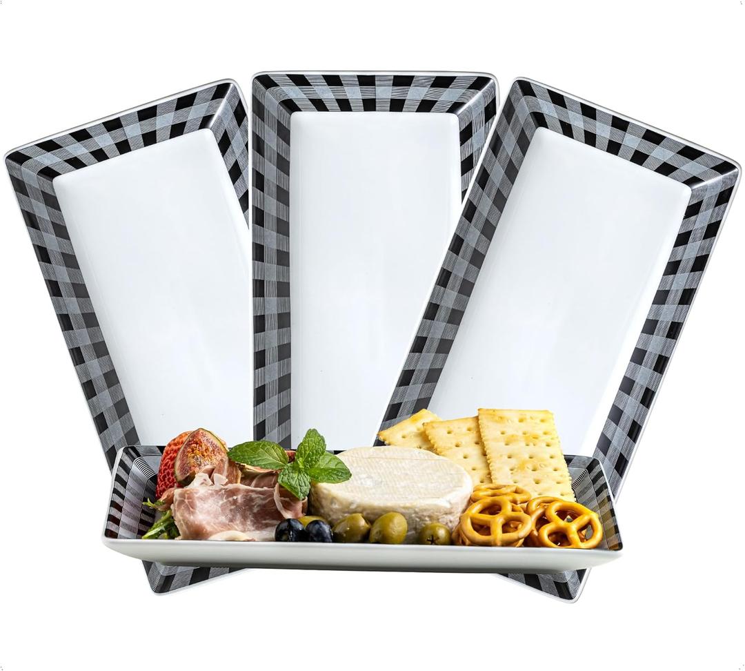 YHOSSEUN Ceramic Serving Platters Set of 4, Black and White Serving Platters and Trays for Food, Rectangular Halloween Plates Serving Dishes for Parties, Checkered, 12 Inch