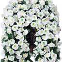 Artificial Faux Hanging White Flowers Plants Basket for Outdoor Outside, Fake UV Resistant Realistic White Morning Glory Flowers for Porch Home Balcony Yard Patio Decoration