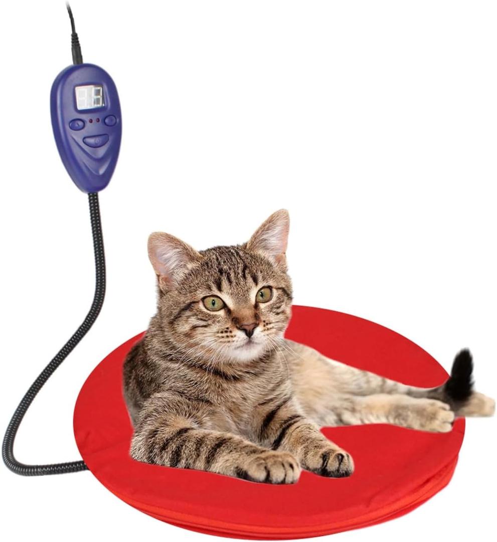 NAMSAN Heating Pad for Cats Small Dogs Heated Dog Bed Round Cat Tree Heating Bed Rabbit Warming Pad, Temperature Adjustable, Chew Resistant Cord, Red (12 x 12 Inch)