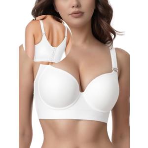 JishinGal Womens Push Up Bra Full Coverage Seamless Underwire Hide Back Fat, Wide Straps, Smooth Uplift T-Shirt Bra (White)