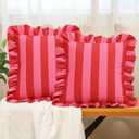 vctops Ruffle Square Throw Pillow Covers Boho Pink and Red Striped Decorative Pillowcases Set of 2, Soft Velvet Accent Cushion Cover Cases for Sofa Bed Living Room Decor (Pink,18"x18")