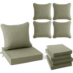 Summsun Water Resistant Outdoor Chair Cushions, Faux Linen Backrest and Deep Seat Cushion Set with Ties, Removable Cover, Non-Slip Bottom for Patio Furniture, 22 x 22 Inch, Mocca Green, Set of 4