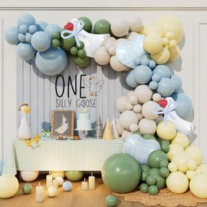 One Silly Goose Balloon Arch Kit with Walking Goose and Gingham Foil Balloons for Boys Girls Silly Goose Birthday Baby Shower Vintage Pink Blue Green Yellow Gingham Party Decorations (Blue)