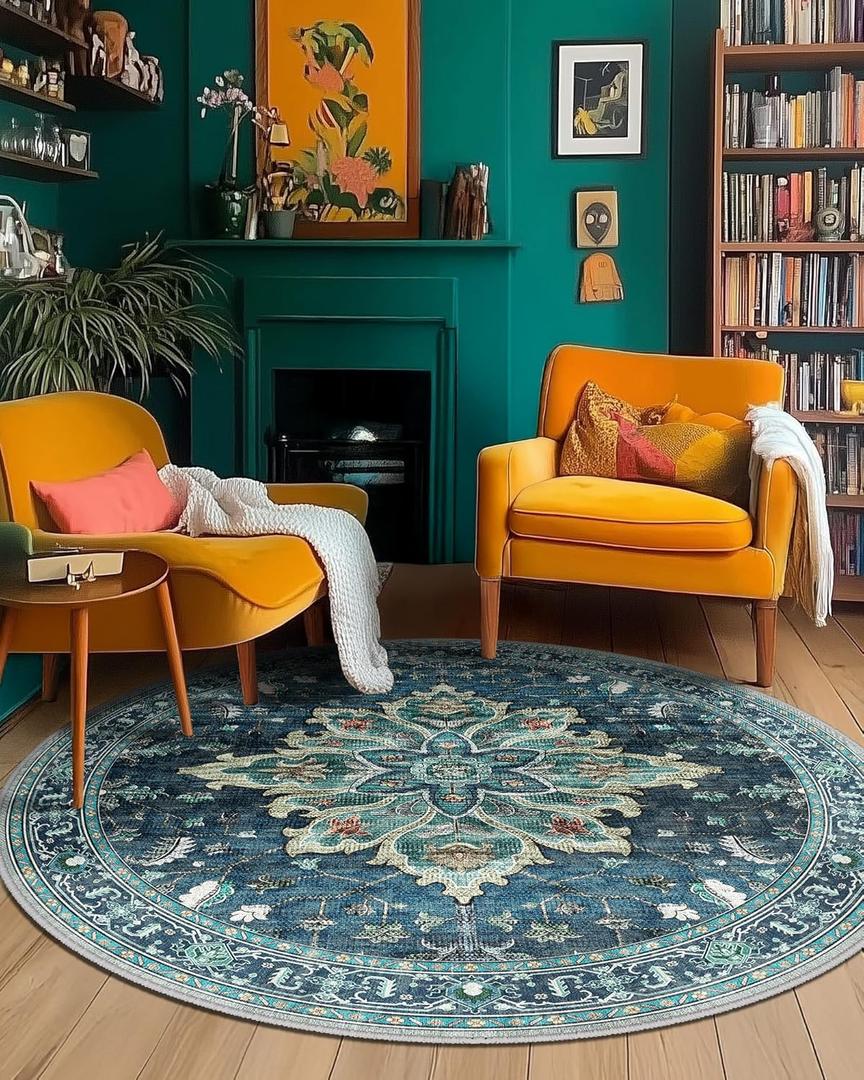Area Rugs 6ft Washable Non-Slip, Floral Vintage Distress Print Pattern Medallion Carpet for Living Room Bedroom Dining Room, Teal Green Lake Blue