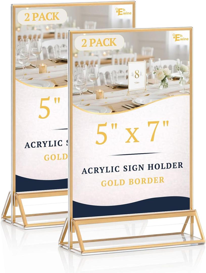EHWINE 2 Pack Acrylic Sign Holder 5 x 7, Double Sided Gold Picture Frame Stand up Table Top Sign Holders, Clear Display Stand Menu Flyer Holder for Wedding Party