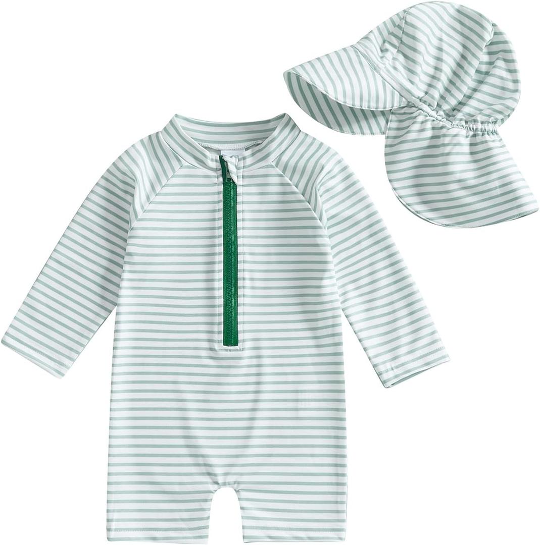 Baby Boys Swimsuit Onepiece Striped Zipper Swimwear Baby Toddler Girls Bathing Suit Rash Guard Swimming Sunsuit (Green, 3-6 Months), 90