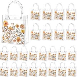 Tioncy 24 Pcs Spring Floral Clear Gift Bags Boho Flower Transparent candy Bags with Handle Wild Floral PVC Treat Bag for Wedding Favors Birthdays Supplies