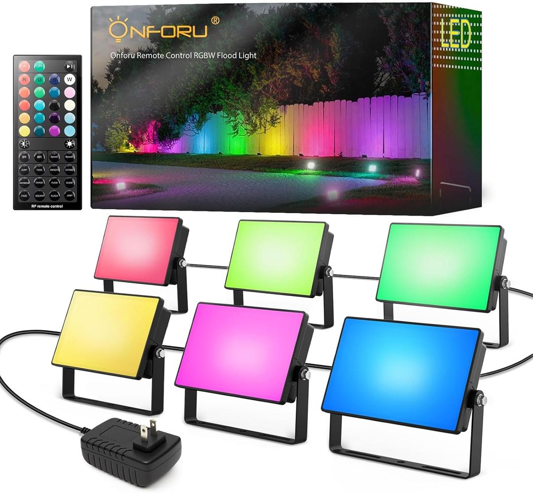 Onforu RGBW Flood Lights Outdoor Remote Control, Color Changing LED Landscape Lights, IP65 Waterproof Uplights for Events, Uplighting for Halloween Christmas Garden Yard Party, Wired 6 Pack 60W