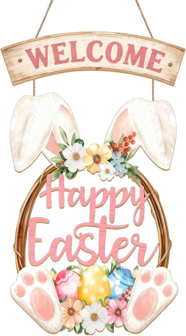 Easter Decorations for Front Door, Wooden Hanging Openwork Bunny Egg Wreath, Happy Easter Welcome Sign for Home Wall Spring Party Housewarming Gift(Easter Bunny)