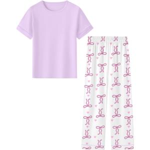 Umeyda Girls Pajamas 2PCS Short Sleeve Top & Pants 100% Cotton Pjs Sets Loungewear for Kids (Purple Bow Ribbon, 9-10 Years)