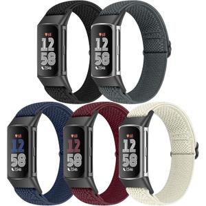 5 Pack Elastic Nylon Watch Bands Compatible for Fitbit Charge 6/Fitbit Charge 5, Adjustable Breathable Replacement Stretchy Nylon Loop Wristband Sport Strap for Women Men (Black+Grey+Indigo+Wine Red+Beige)