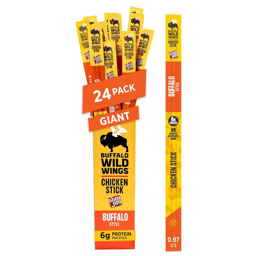 Slim Jim Giant Smoked Chicken Sticks, Buffalo Wild Wings Buffalo Flavor, 6g Protein Per Stick, Valentine's Day Gift For Him, 0.97 oz. (24 Count)
