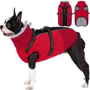 AOFITEE Small Dog Coat, Waterproof Dog Winter Jacket with Harness Built in, Warm Fleece Lined Dogs Jacket for Cold Weather, Reflective Pet Snow Jackets with Zipper for Yorkshire, Schnauzer, Red S