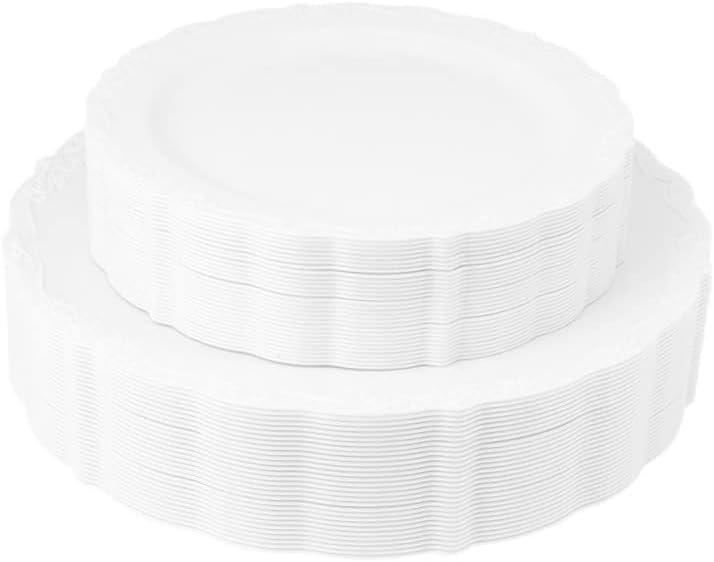 Posh Setting Vintage Plastic Plates Set - Heavy Duty Dinnerware, 60 Pack with 30 Appetizer & 30 Dinner Plates for Wedding, White (Dinnerware Set)