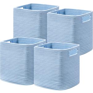 UBBCARE Storage Cubes 11 Inch, Cotton Rope Woven Baskets for Organizing, Cube Storage Bin for Baby Nursery, 4-Pack Square Toy Storage Baskets for Shelves Organizer, Closet, Kidsroom, Blue