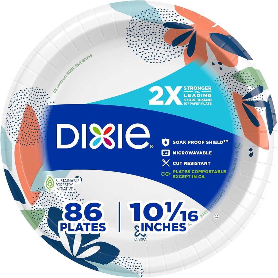 Dixie Large Paper Plates, 10 Inch, 86 Count, 2X Stronger*, Microwave-Safe, Soak-Proof, Cut Resistant, Disposable Plates For Everyday Breakfast, Lunch, & Dinner Meals