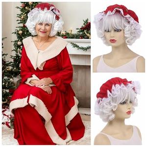 STfantasy Short White Curly Wigs with Mrs. Claus Hat for Women Old Money Style for Womens Ladies Cosplay Christmas Costume Short Curling Wig With Bangs for Elderly Lady Women