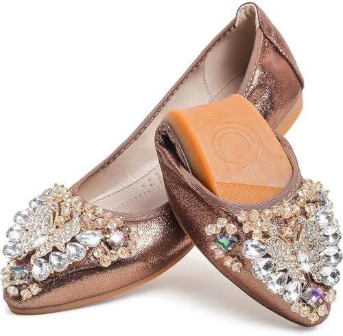 WAMBHC Women's Ballet Flat Shoes - Cute Rhinestones Bow Wedding Flats Slip on Flats for Women Comfort, 11, Brown