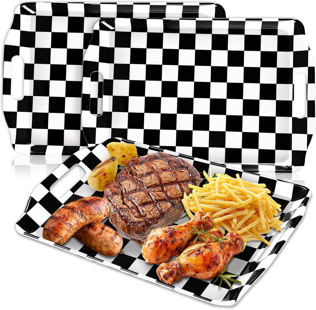 FYSUIMU 3Pcs Checkered Serving Trays with Handles Reusable Serving Dishes Black and White Gingham Platter for First Birthday Party Sharing Snacks Fruits Dessert, 15 x 10 Inch
