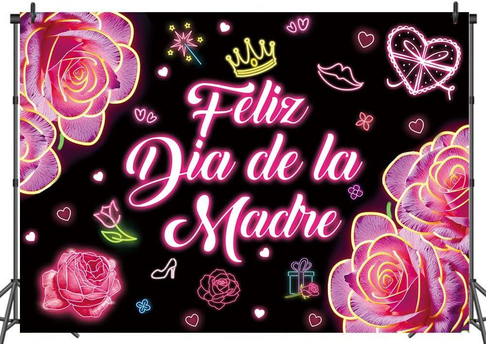 Neon Feliz Da de la Madre Backdrop Pink Flower Happy Mother's Day Photography Background Party Decoration Photo Booth (8x6ft)