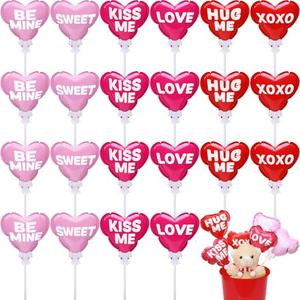 JolliLudo Valentines Day Heart Balloons Multicolor Self Inflatable Small Balloons with Bow Rod 4 Inch Mini Valentine Decoration with Sweet Love Words for Wedding Birthday Engagement Party (24 Pcs)