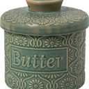 Ceramic Butter Crock with Lid, French Butter Dish with Water Line for Countertop, Butter Keeper for Spreadable Butter, Container Holder for Kitchen and Home Decor, 6.7 OZ, Vintage Green