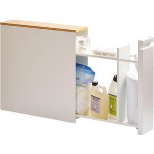 YAMAZAKI Home Pull-Out Bathroom Storage Cabinet – Slim Bathroom Storage Cabinet with Wood Top, Steel Organizer for Toilet Paper and Cleaning Supplies, Modern Space-Saving Design, White - Steel + Wood