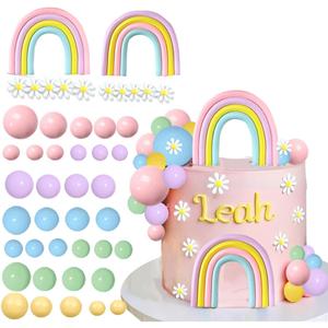 Rainbow Daisy Flower Pastel Balls Cake Topper Set - 40 Pcs, Boho Rainbow Birthday