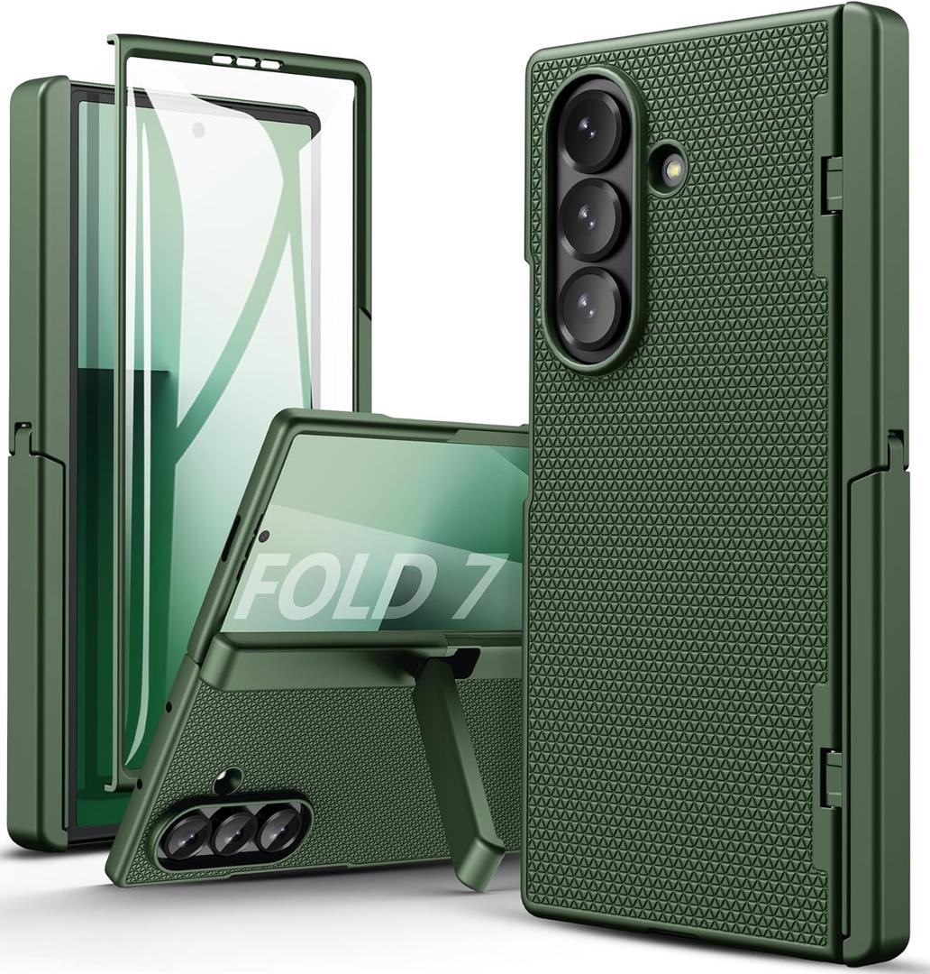 SSLOTSCASE for Samsung Galaxy Z Fold 7 Slim Case with Stand & Hinge Protection & Screen Protector, Support Wireless Charging, Men Women Rugged Protective Case Cover for Samsung Z Fold 7 5G 2025, Green