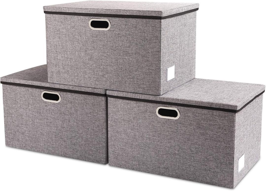 PRANDOM Extra Large Collapsible Storage Bins with Lids [3-Pack] Linen Fabric Foldable Storage Baskets Boxes Organizer Containers Cube with Cover for Bedroom Closet Office Nursery (22.8x15.75x13.8) (Gray)