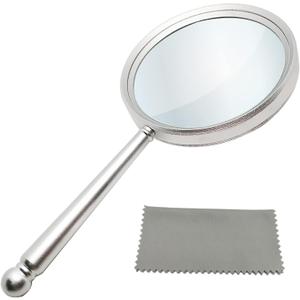 Handheld Magnifying Glasses 5X Reading Magnifier with Shatterproof Metal Handle & 84mm Large Magnifying Real Glass Lens for Seniors and Kids Repair and Observation(Silver)