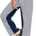 Kedera Women Stripe Straight Pants Pull On Drawstring Loose Baggy Pants Low Rise Boyfriend Boho Trousers 2025, Navy Blue Stripes, 14